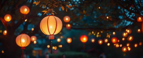 Brightly lit Chinese lanterns hanging from trees in a night garden. Mid-Autumn festival. Wide banner photo