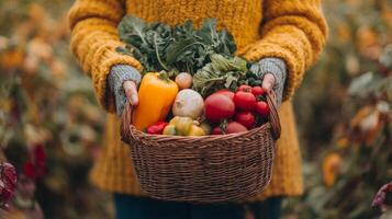 First-person view of hands holding a basket with vegetables in autumn field. Fall season, harvest photo