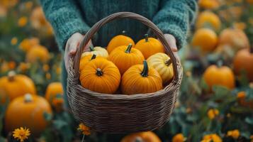 First person view of hands holding basket filled with pumpkins in autumn field. Fall season, harvest photo