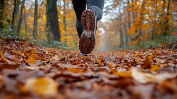 View of running feet on a path covered in autumn leaves. Fall season, active lifestyle. Low angle photo