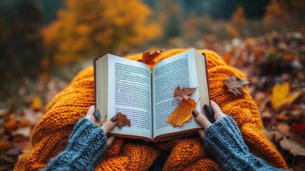 Hands holding a book, cozy under a blanket, with warm autumn setting. First person perspective image photo