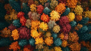 Aerial drone view of a dense forest in autumn with a patchwork of colorful leaves as natural mosaic photo