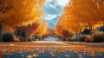 First person perspective of walking on an autumn street lined with yellow trees. Fall season, PoV photo