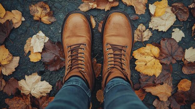 View from above of boots walking on an autumn path. Fall season, first person perspective, PoV image photo