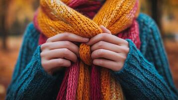 Hands tying a cozy knitted scarf in warm autumn colors with a fall landscape in blurred background photo