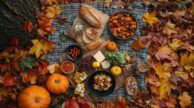 View from above of a picnic blanket with food and drinks, surrounded by fallen autumn leaves. Fall photo