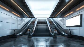 Modern subway metro station, two escalators and a blank advertising billboard mockup for promotions photo