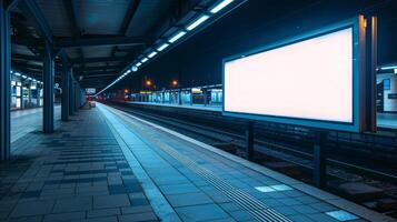 A blank advertising billboard stands at a train station, nighttime lighting. Empty commercial mockup photo