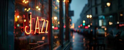 A neon Jazz sign brightens window of a cozy bar. Evening autumn outside. Copy space, wide banner photo