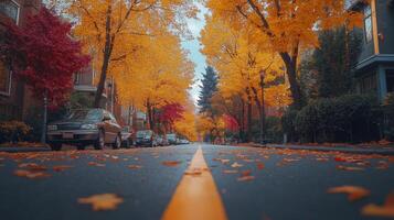 First person perspective of walking on an autumn street lined with yellow trees. Fall season, PoV photo