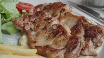 grill chicken meat served with chips and fresh salad on a plate video