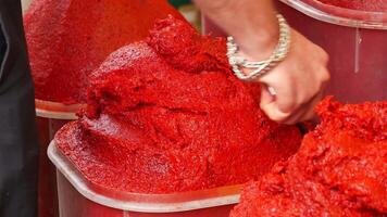 Vibrant and Flavorful Red Chili Paste Stored in Convenient Containers for Easy Use video