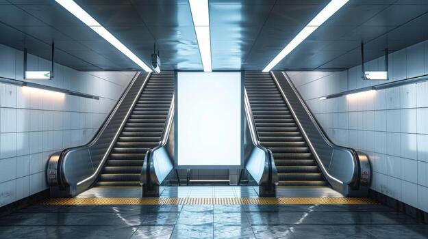Empty advertising billboard stands between two escalators in subway station. Mockup for commercials photo