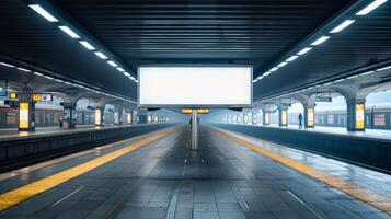 An empty advertising billboard stands at a train station in quiet early morning. Commercial mockup photo