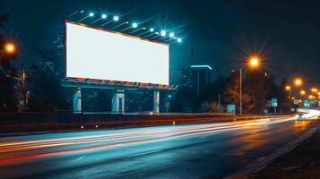 Twilight Cityscape with Blank Advertising Billboard Mockup, long exposure of car lights and traffic photo