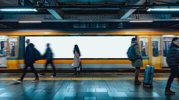 A prominent empty advertising billboard mockup stands at a train station, with commuters walking by photo