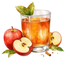 Fresh apple juice with red apples and leaves, cut out - stock . png