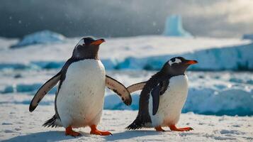 Penguins walking in the snow The background is an iceberg. photo