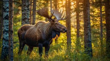 A moose with beautiful antlers in the middle of a forest in nature. photo