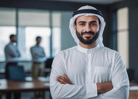 Portrait of an Arab man on a modern office background. photo