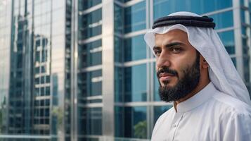 Portrait of an Arab man working with a modern building. photo