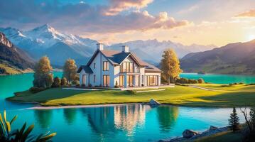 house on the shore of the emerald lakeand the panoramic view of the surrounding mountains photo