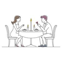Romantic illustration of a couple enjoying a candlelit dinner together, surrounded by a warm and inviting atmosphere doodle continuous line art illustration. vector