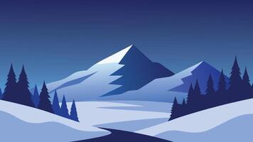 Winter scene showcasing snow-laden trees against a backdrop of a sparkling starry sky, radiating calmness flat illustration. vector