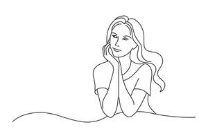 Young woman resting chin on hand One line continuous line art illustration on white background. vector