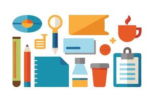 Sheet of paper, pen and other object illustration set on white background vector
