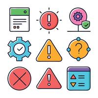 Attention, alert, error, and mistake concept colorful linear icons. color offset line icons flat color outline sign collection set vector