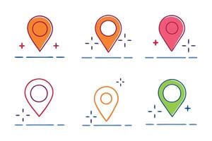 Walking path route with footprint and gps map pointer concept colorful linear icons. color offset line icons flat color outline sign collection set vector