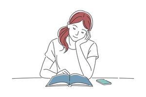 Bored girl studying doodle continuous line art illustration on white background vector
