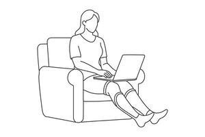 Woman sit on sofa at home with broken leg working on computer One line continuous line art illustration on white background vector