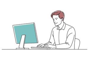 A bisinessman working on a computer, showcasing concentration and productivity in an office environment doodle continuous line art illustration on white background. vector