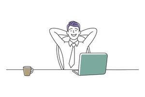 A time for relax. Young, happy businessman is relaxing in his office doodle continuous line art illustration on white background. vector