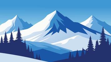 Snow-covered trees stand majestically in the mountains, creating a serene winter landscape under a clear blue sky flat illustration. vector