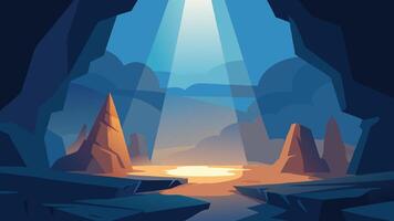 Inside the cave, the rocky surroundings create a dramatic scene, with light streaming in from the cave's opening flat illustration. vector