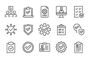 Quality assurance and control related , black 15 pcs icons set isolated on white background flat illustration. vector