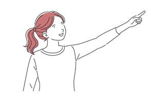 Girl Pointing Finger pointing doodle continuous line art illustration on white background. vector