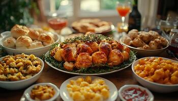 Thanksgiving dinner with turkey and a variety of side dishes, such as mashed potatoes, gravy, cranberry sauce and salad. Stuffed turkey for thanksgiving top view photo