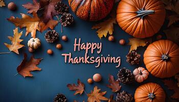 Happy thanksgiving background with pumpkins, dried up leaves and walnuts. Happy thanksgiving flat lay top view photo