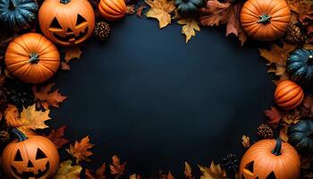 Halloween pumpkin border frame full of jack o lantern pumpkins and dried up autumn leaves for a happy halloween concept. Spooky season of October border frame. Halloween flat lay border frame photo