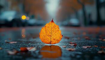 dried up leaf on a street during fall time. close up of autumn leaf shot on a street. autumn time photo