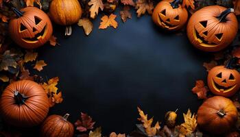 Halloween pumpkin border frame full of jack o lantern pumpkins and dried up autumn leaves for a happy halloween concept. Spooky season of October border frame. Halloween flat lay border frame photo