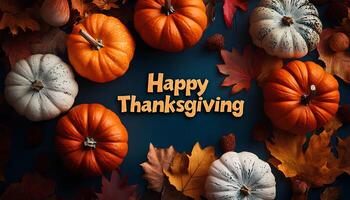 Happy thanksgiving background with pumpkins, dried up leaves and walnuts. Happy thanksgiving flat lay top view photo