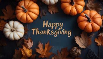 Happy thanksgiving background with pumpkins, dried up leaves and walnuts. Happy thanksgiving flat lay top view photo