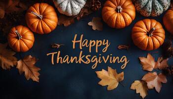 Happy thanksgiving background with pumpkins, dried up leaves and walnuts. Happy thanksgiving flat lay top view photo