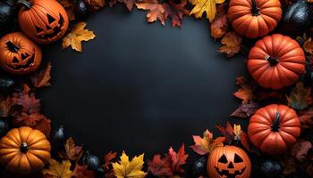 Halloween pumpkin border frame full of jack o lantern pumpkins and dried up autumn leaves for a happy halloween concept. Spooky season of October border frame. Halloween flat lay border frame photo