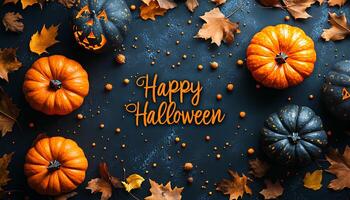 Happy Halloween flat lay with jack o lantern pumpkins and dried up autumnal leaves top view. Flat lay full of halloween things in celebration of this spooky holiday during the month of October photo